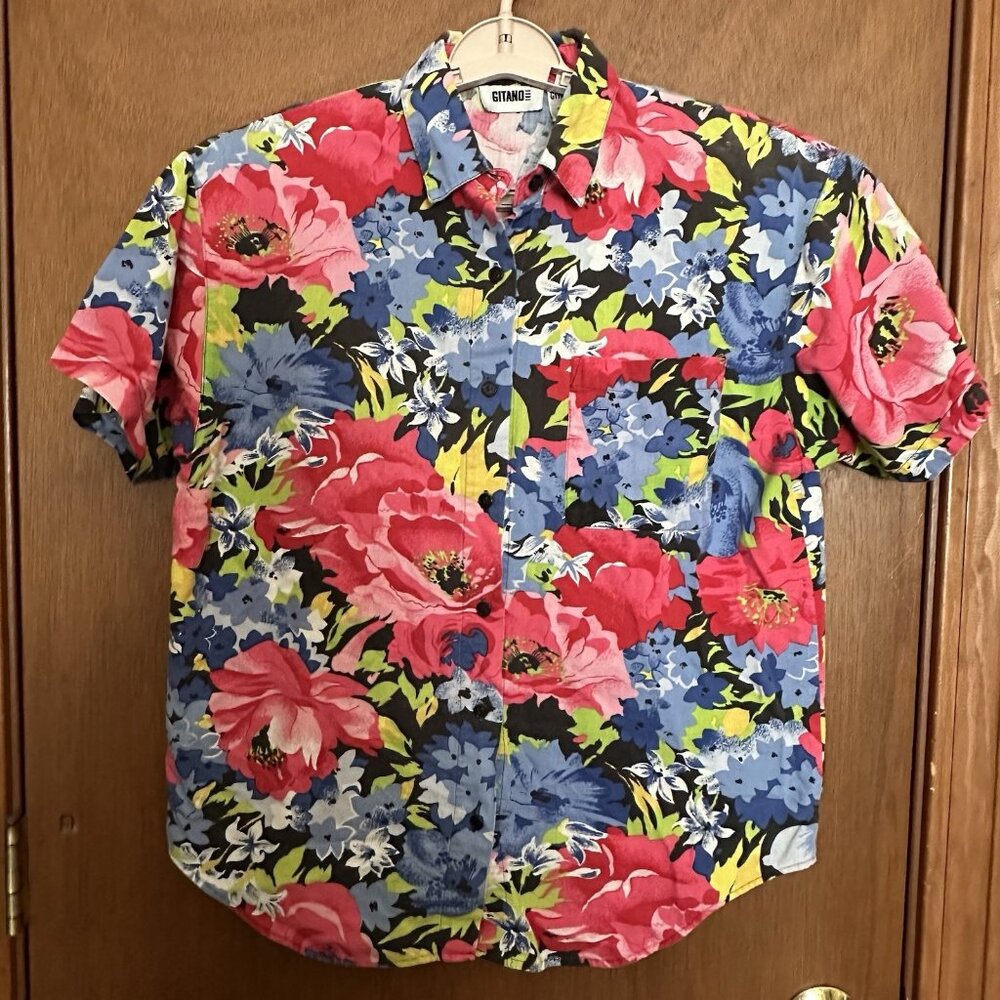 Vintage‎ Gitano Womens M Shirt Button Down Hawaiian Colorful Short Sleeve Floral